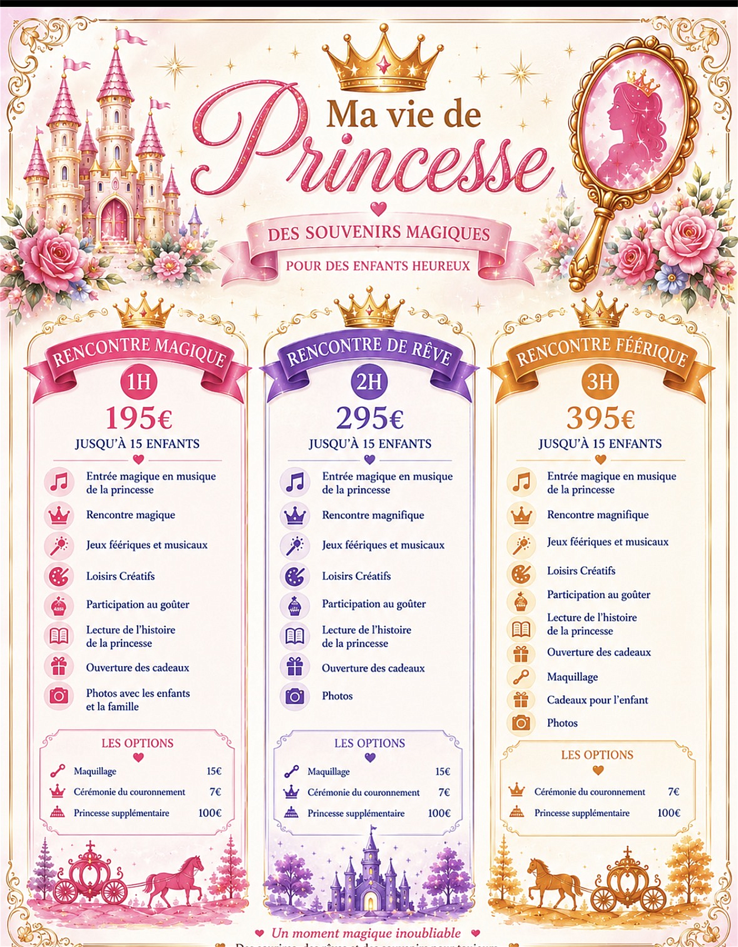 Grille tarifaire Ma Vie de Princesse : Rencontre Magique 1h à 195€, Rencontre de Rêve 2h à 295€, Rencontre Féerique 3h à 395€, jusqu'à 15 enfants, avec options maquillage, cérémonie du couronnement et princesse supplémentaire