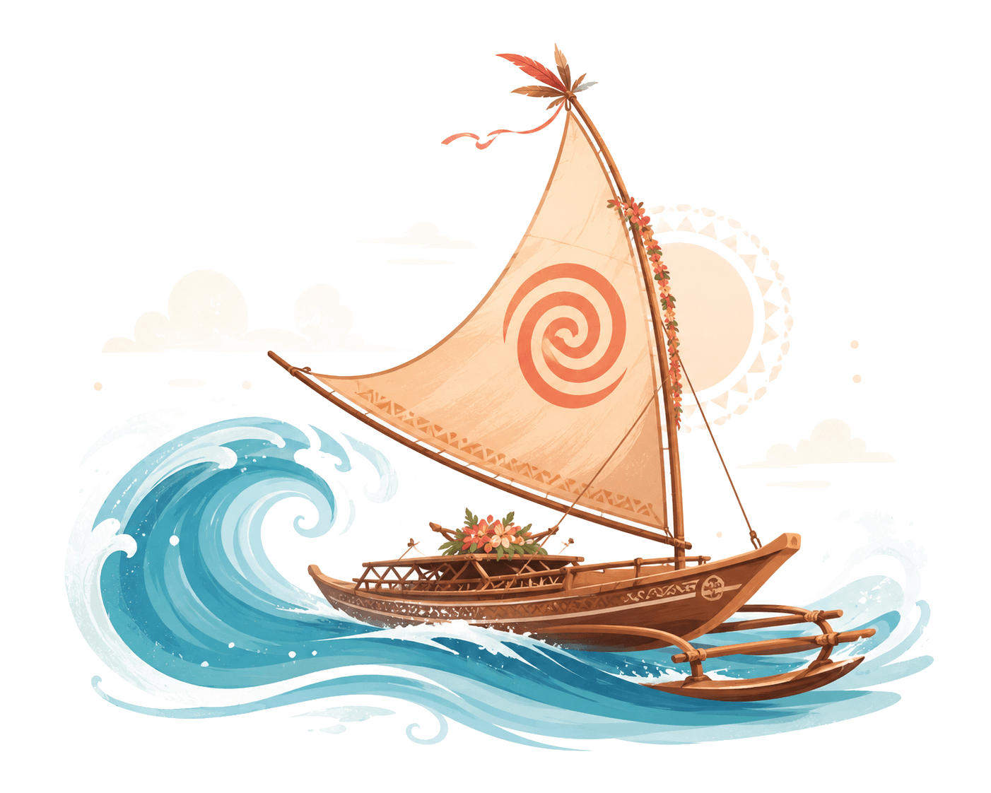 Illustration de la pirogue de Vaiana voguant sur les vagues