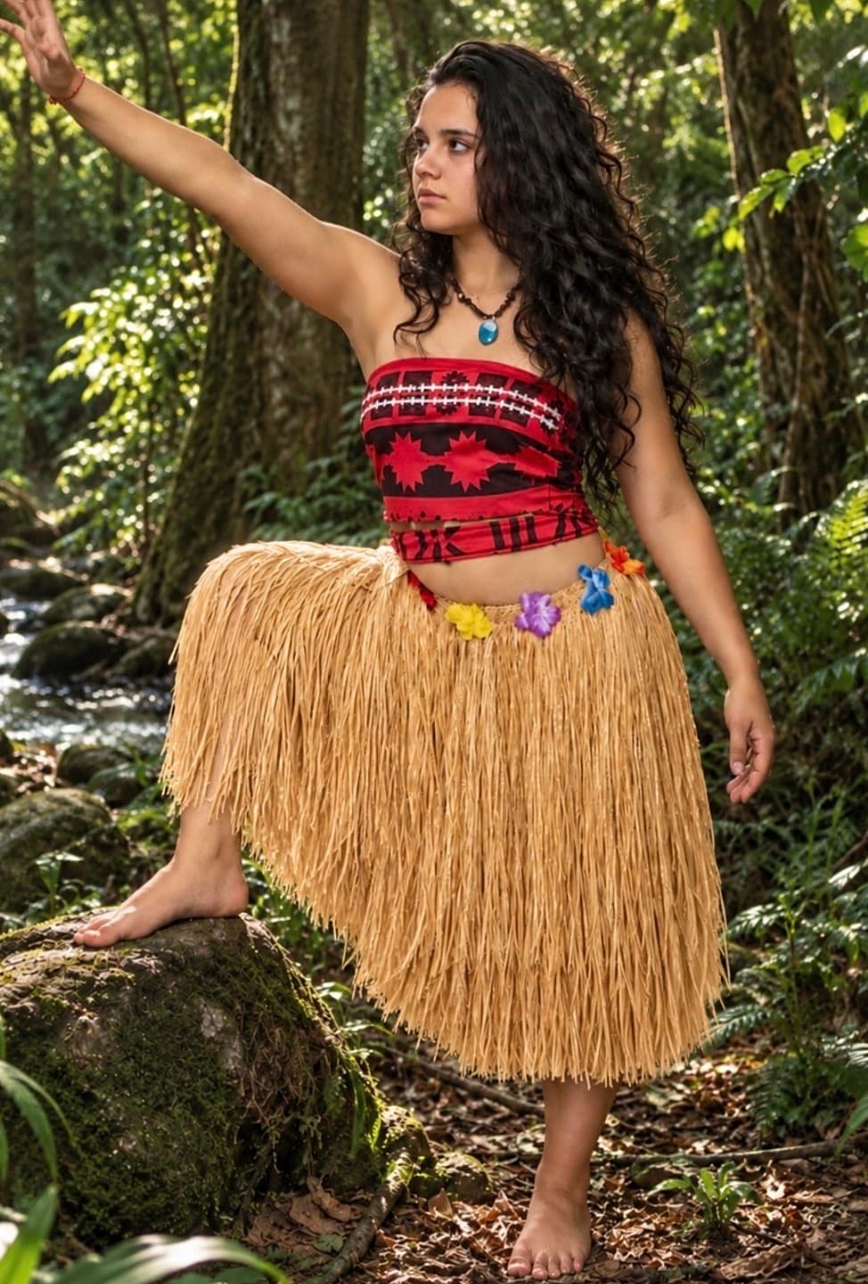 Robe Vaiana — Animatrice déguisée en Vaiana, haut rouge à motifs polynésiens et jupe en raphia fleurie, dans une forêt tropicale au bord d'un ruisseau, lors d'une animation d'anniversaire Ma Vie de Rêves